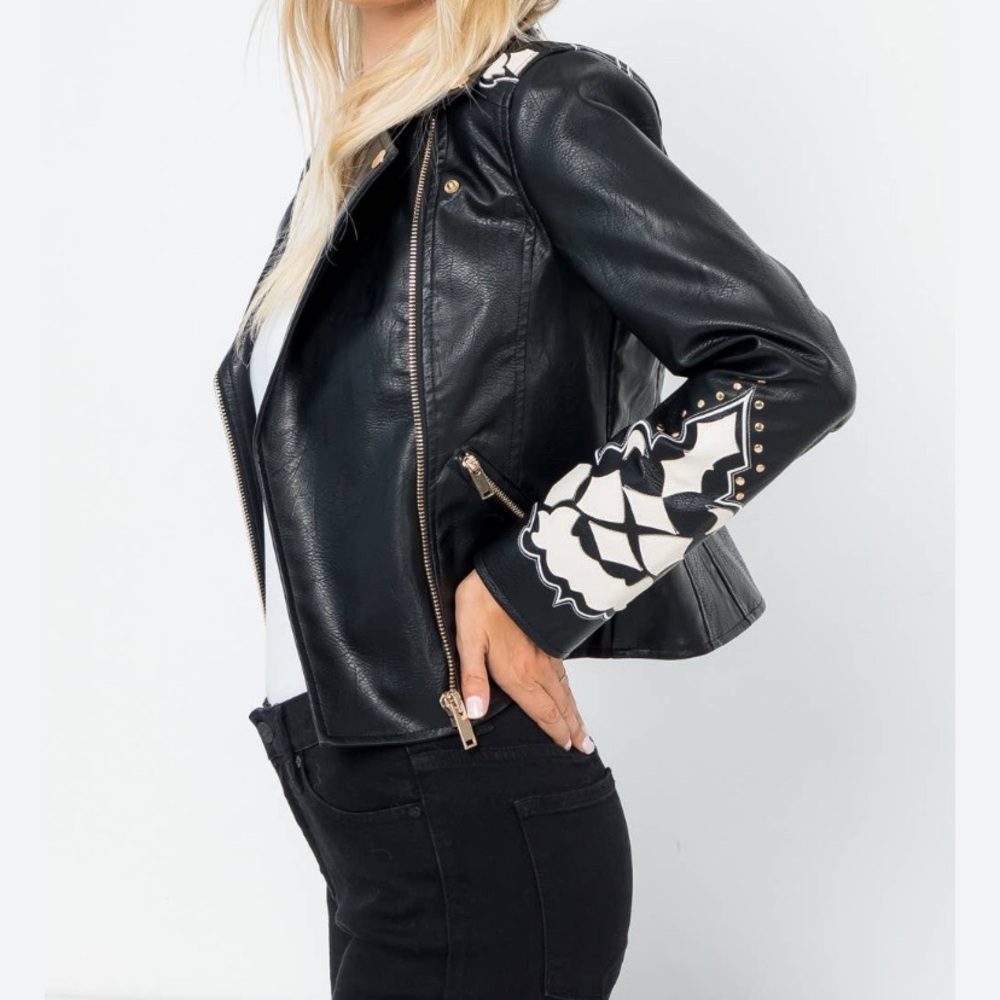 Stoosh Black with White Accents Vegan Leather  Women’s Jacket Size S - Picture 5 of 11